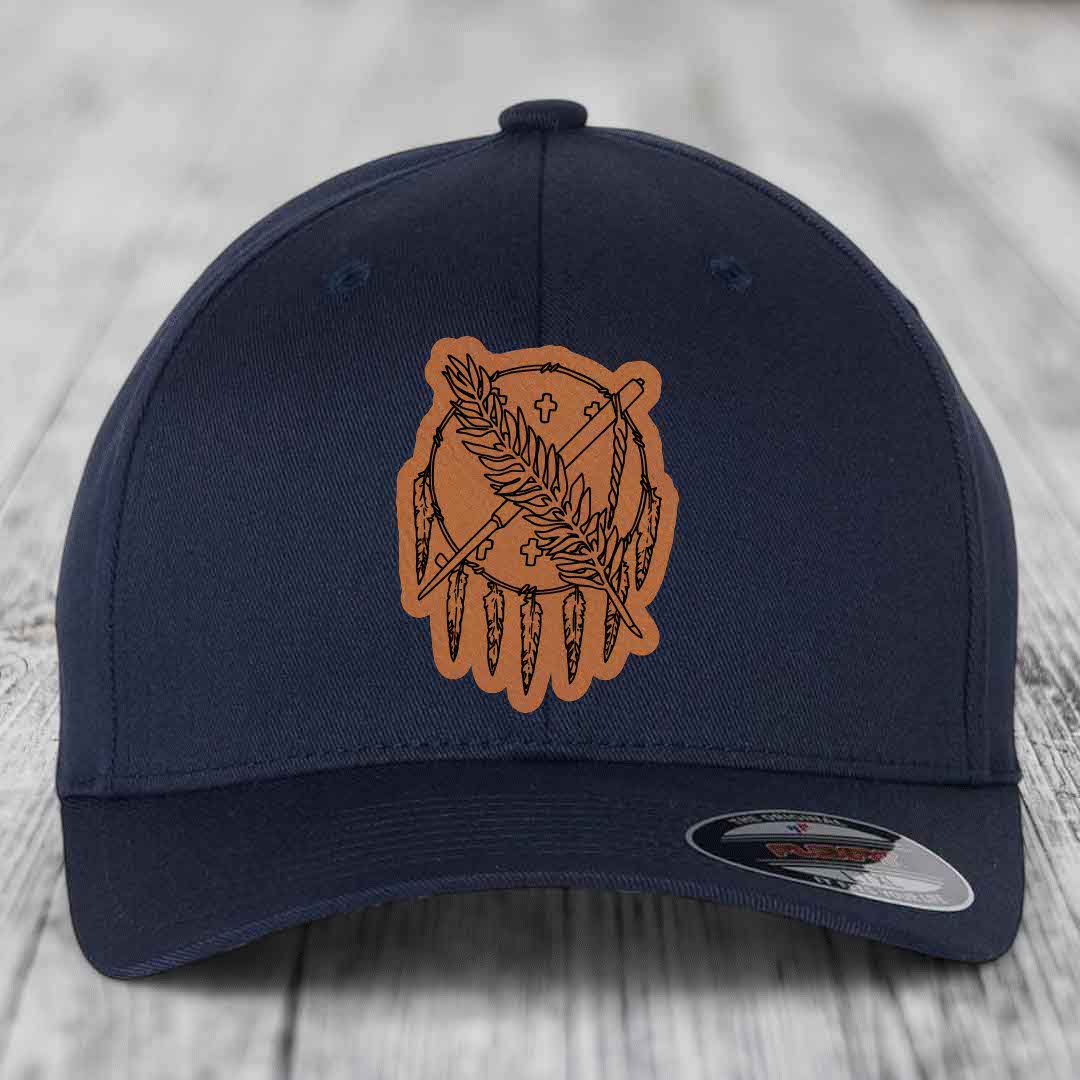 Oklahoma State Flag - Leather Patch Hat - Rawhide to Black Patch - Flexfit 6277 Fitted Hat