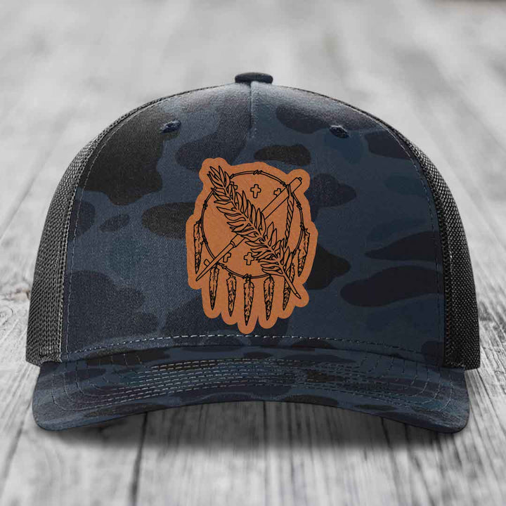Oklahoma State Flag - Leather Patch Hat - Rawhide to Black Patch - Richardson 112PFP Snapback Trucker Hat
