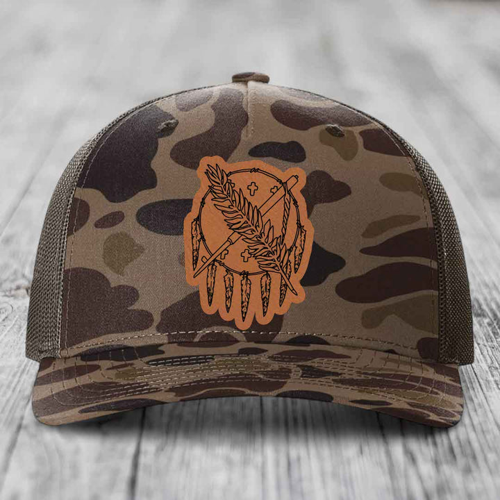 Oklahoma State Flag - Leather Patch Hat - Rawhide to Black Patch - Richardson 112PFP Snapback Trucker Hat