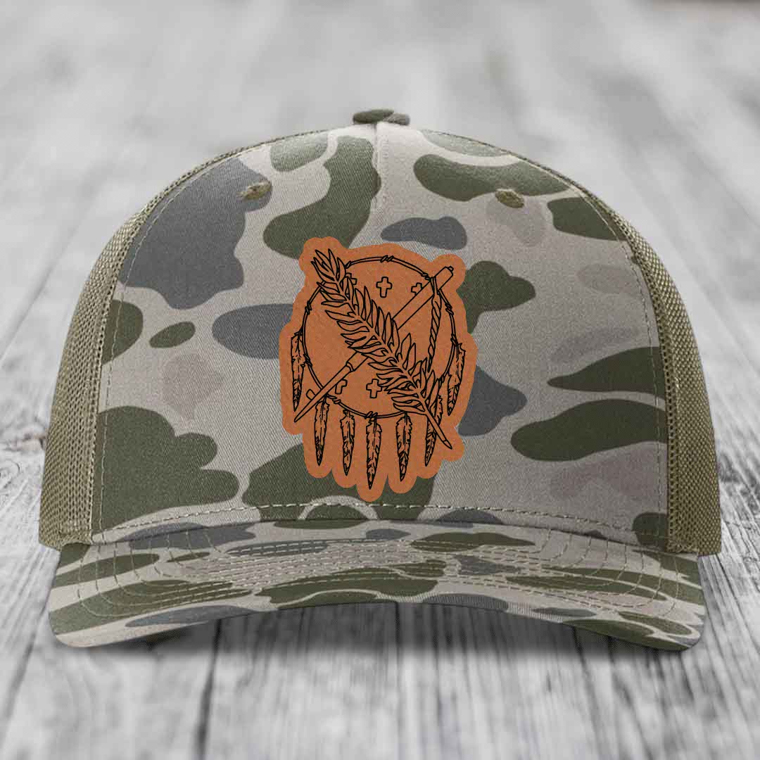 Oklahoma State Flag - Leather Patch Hat - Rawhide to Black Patch - Richardson 112PFP Snapback Trucker Hat