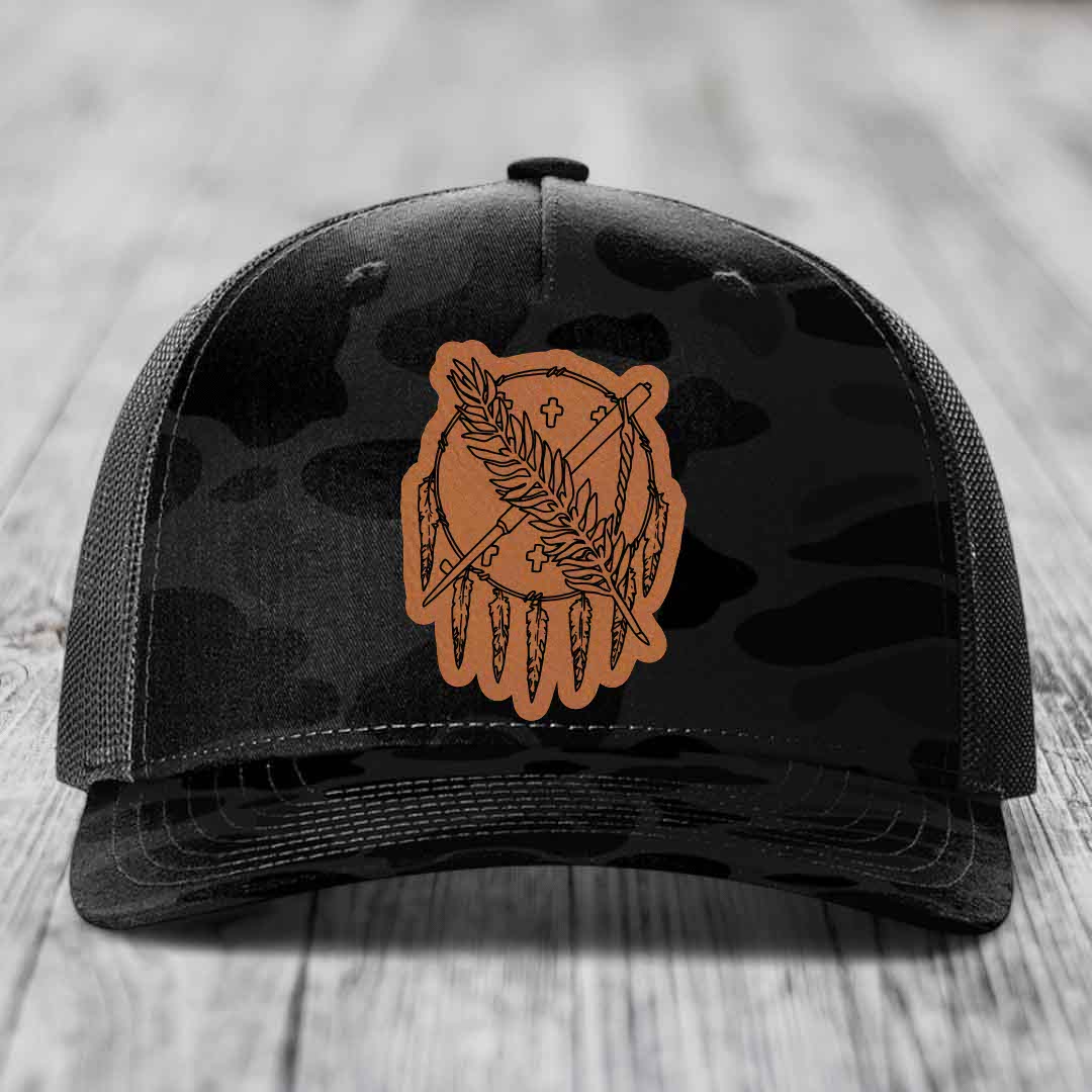 Oklahoma State Flag - Leather Patch Hat - Rawhide to Black Patch - Richardson 112PFP Snapback Trucker Hat