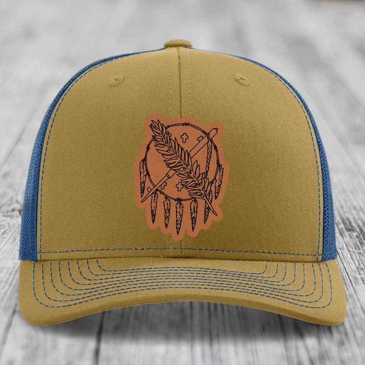Oklahoma State Flag - Leather Patch Hat - Rawhide to Black Patch - Richardson 112 Snapback Trucker Hat