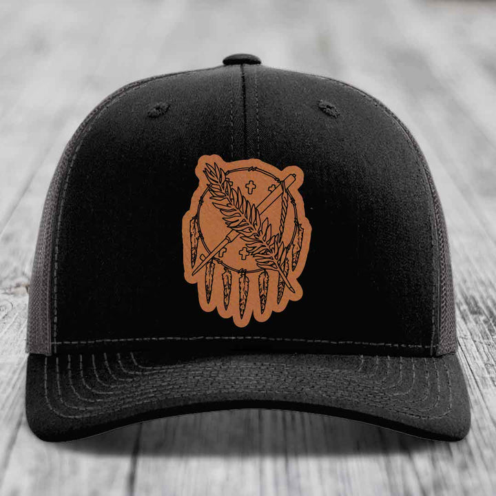 Oklahoma State Flag - Leather Patch Hat - Rawhide to Black Patch - Richardson 112 Snapback Trucker Hat