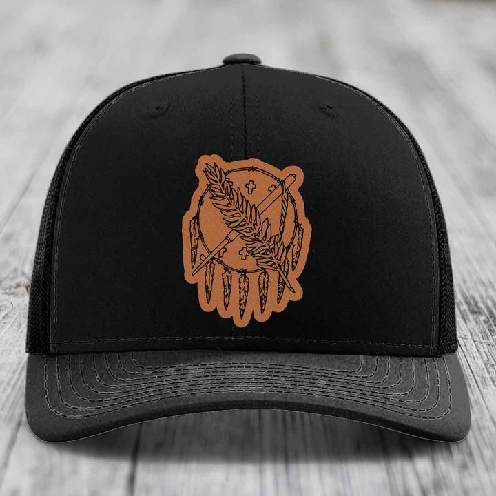 Oklahoma State Flag - Leather Patch Hat - Rawhide to Black Patch - Richardson 112 Snapback Trucker Hat