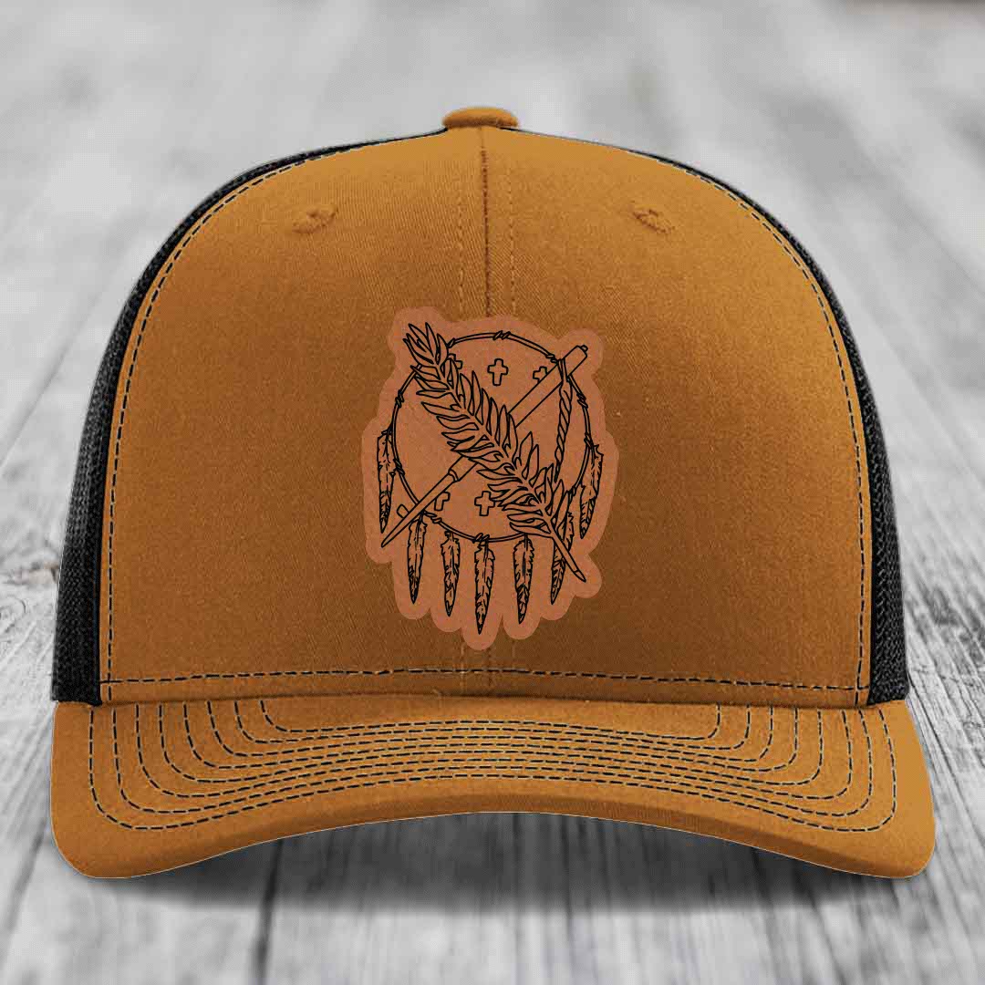 Oklahoma State Flag - Leather Patch Hat - Rawhide to Black Patch - Richardson 112 Snapback Trucker Hat