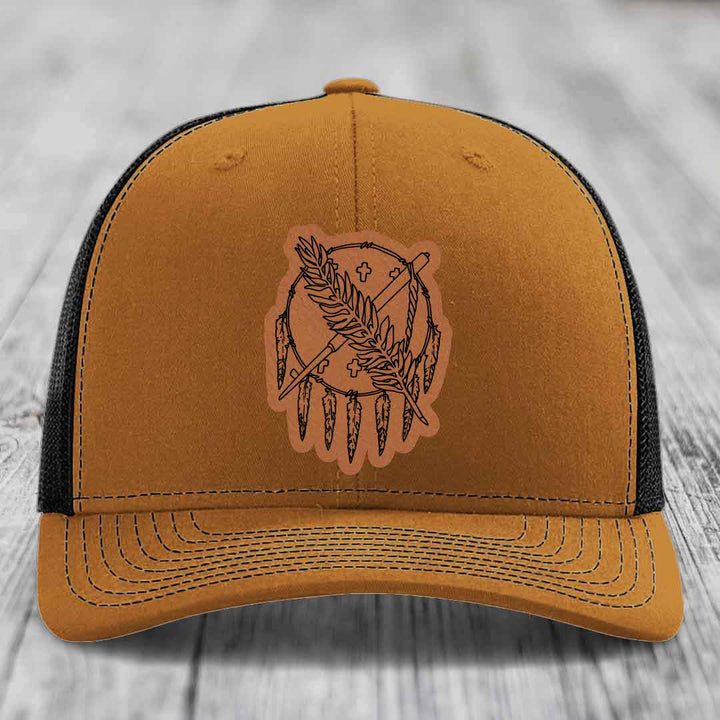 Oklahoma State Flag - Leather Patch Hat - Rawhide to Black Patch - Richardson 112 Snapback Trucker Hat