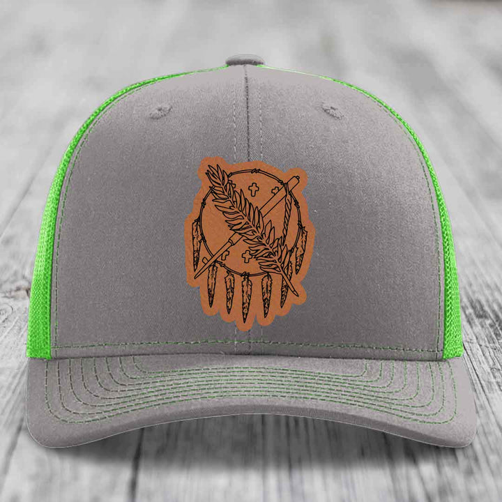 Oklahoma State Flag - Leather Patch Hat - Rawhide to Black Patch - Richardson 112 Snapback Trucker Hat