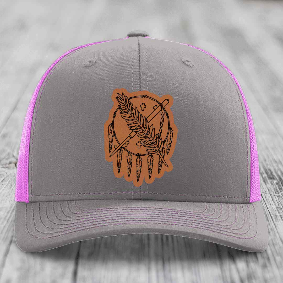 Oklahoma State Flag - Leather Patch Hat - Rawhide to Black Patch - Richardson 112 Snapback Trucker Hat