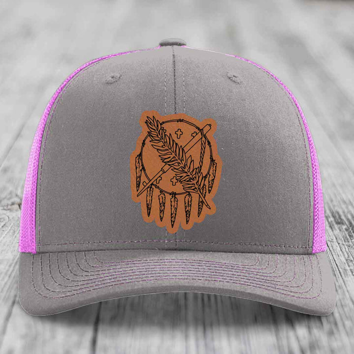 Oklahoma State Flag - Leather Patch Hat - Rawhide to Black Patch - Richardson 112 Snapback Trucker Hat
