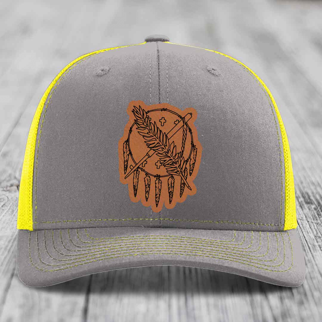 Oklahoma State Flag - Leather Patch Hat - Rawhide to Black Patch - Richardson 112 Snapback Trucker Hat