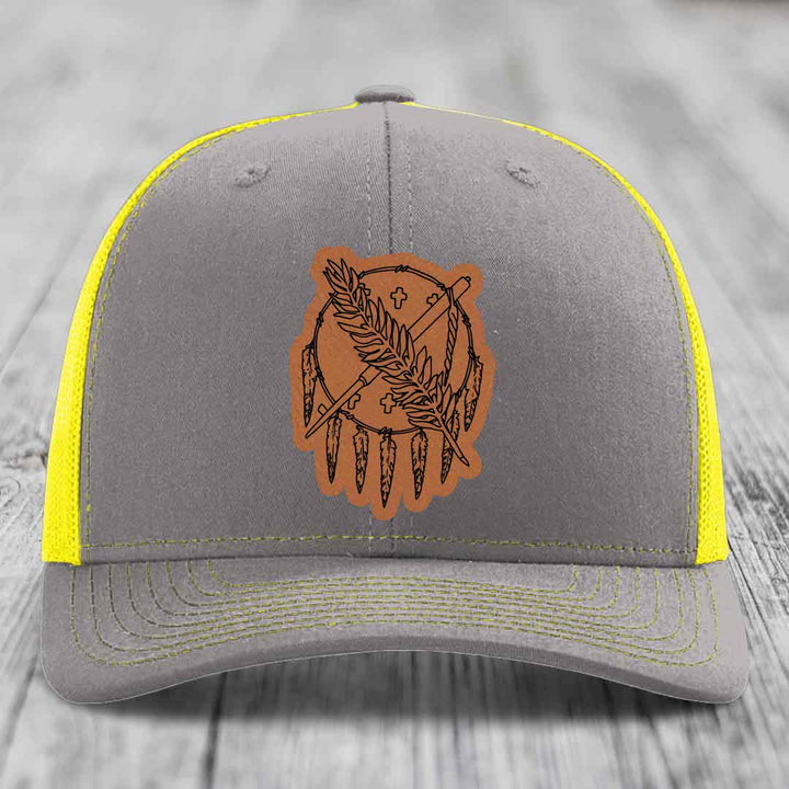 Oklahoma State Flag - Leather Patch Hat - Rawhide to Black Patch - Richardson 112 Snapback Trucker Hat