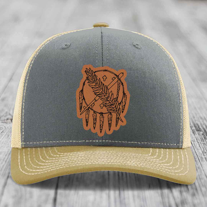 Oklahoma State Flag - Leather Patch Hat - Rawhide to Black Patch - Richardson 112 Snapback Trucker Hat