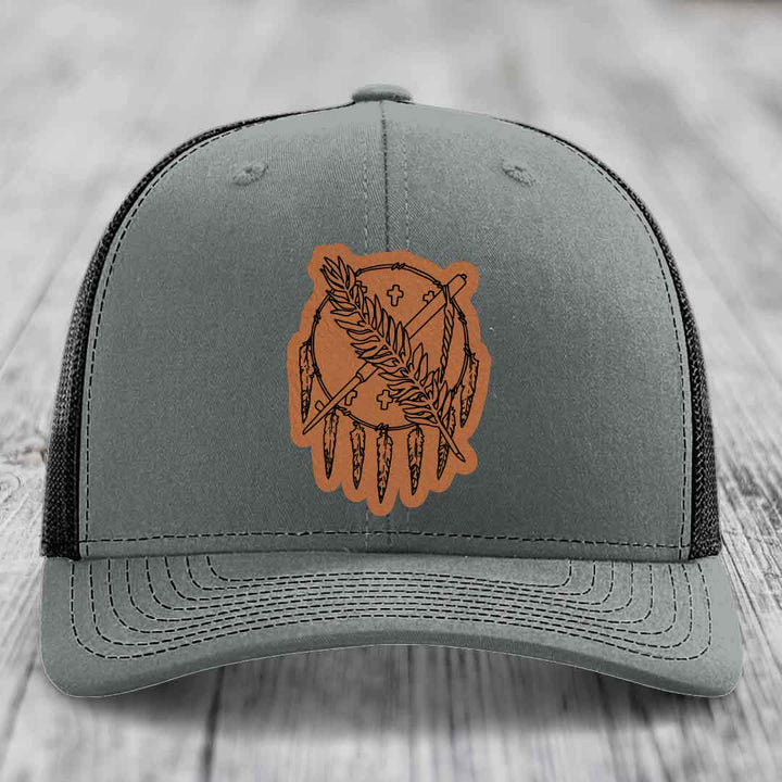 Oklahoma State Flag - Leather Patch Hat - Rawhide to Black Patch - Richardson 112 Snapback Trucker Hat