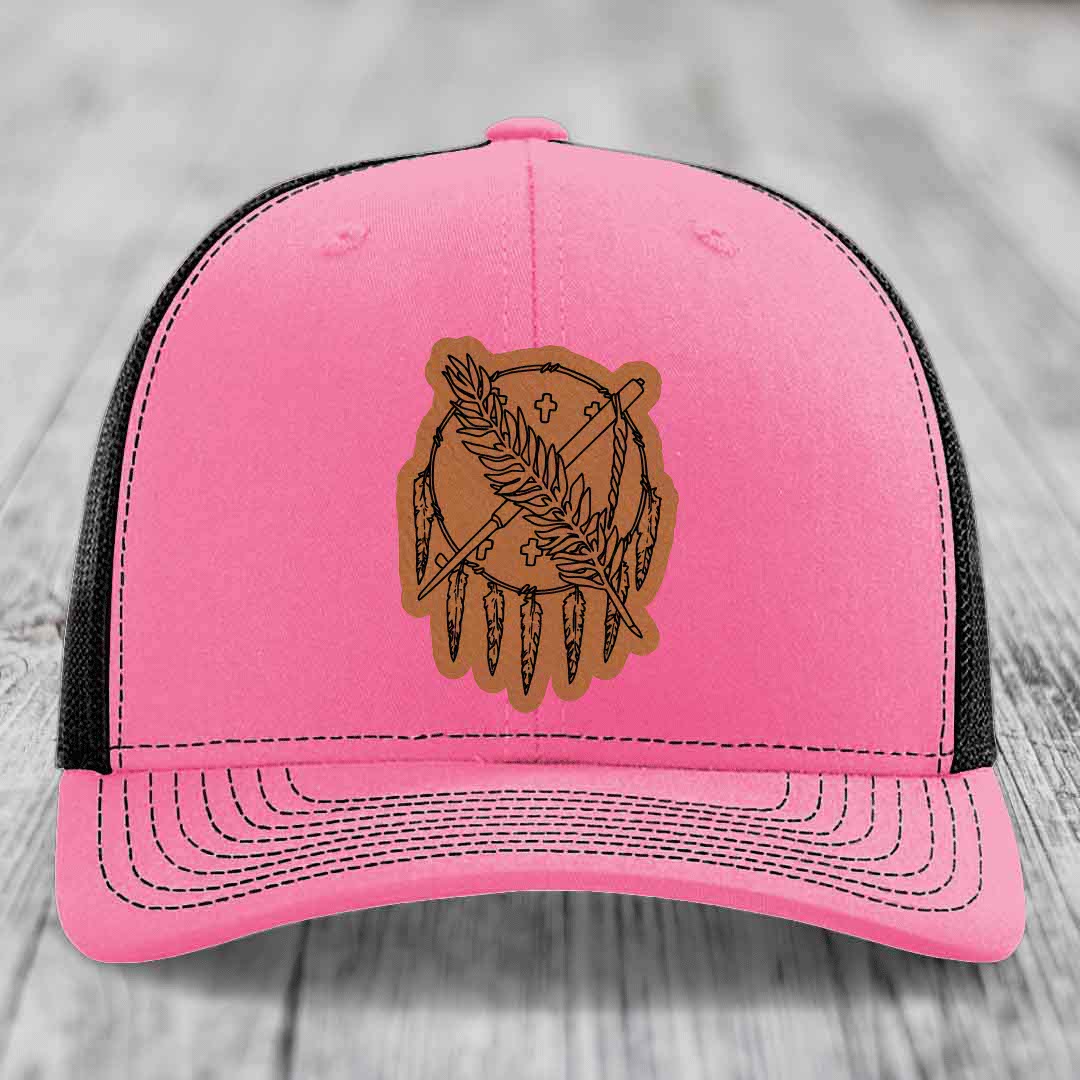 Oklahoma State Flag - Leather Patch Hat - Rawhide to Black Patch - Richardson 112 Snapback Trucker Hat