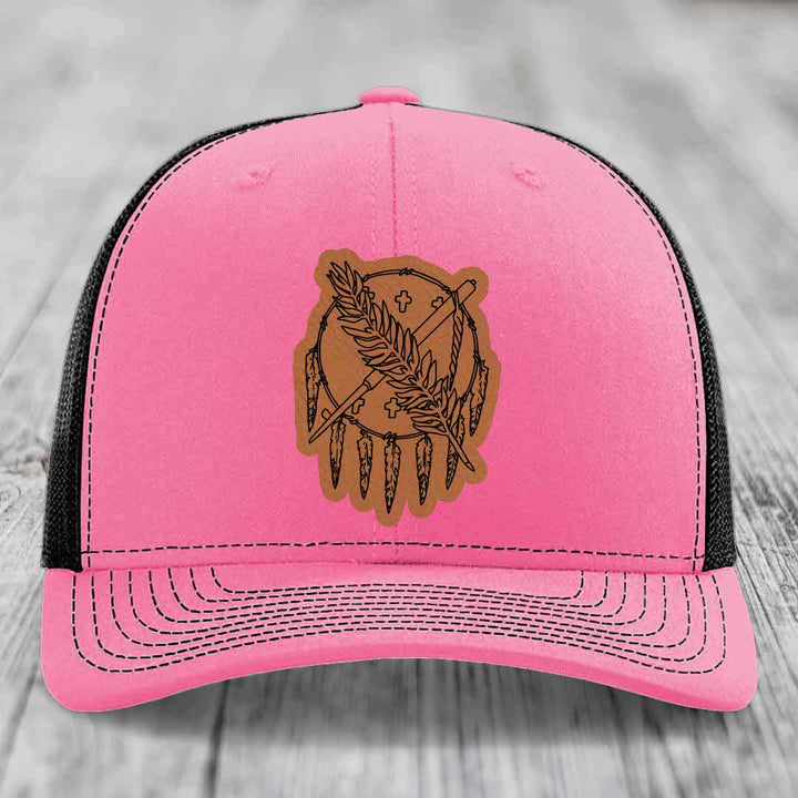 Oklahoma State Flag - Leather Patch Hat - Rawhide to Black Patch - Richardson 112 Snapback Trucker Hat