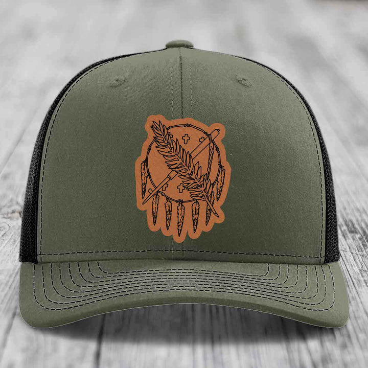Oklahoma State Flag - Leather Patch Hat - Rawhide to Black Patch - Richardson 112 Snapback Trucker Hat