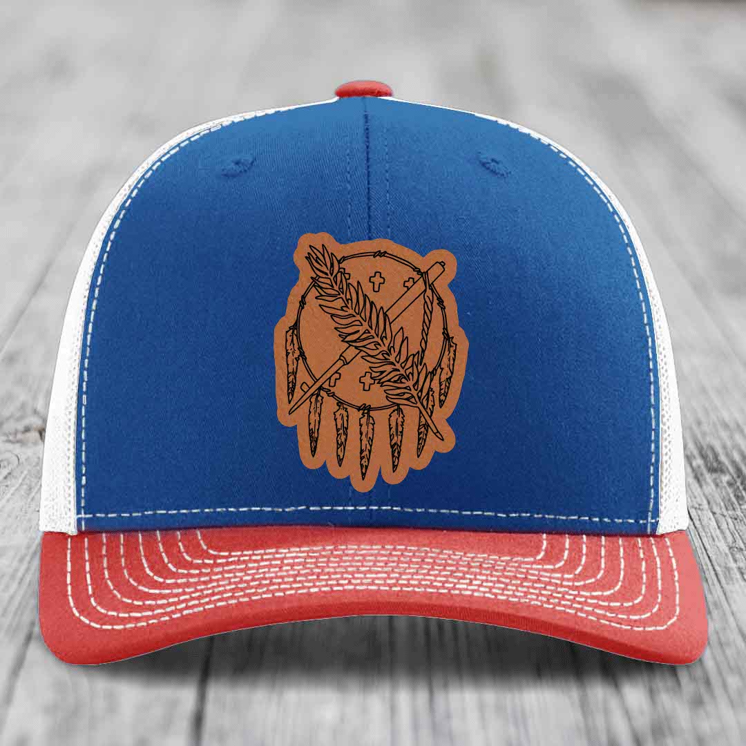 Oklahoma State Flag - Leather Patch Hat - Rawhide to Black Patch - Richardson 112 Snapback Trucker Hat