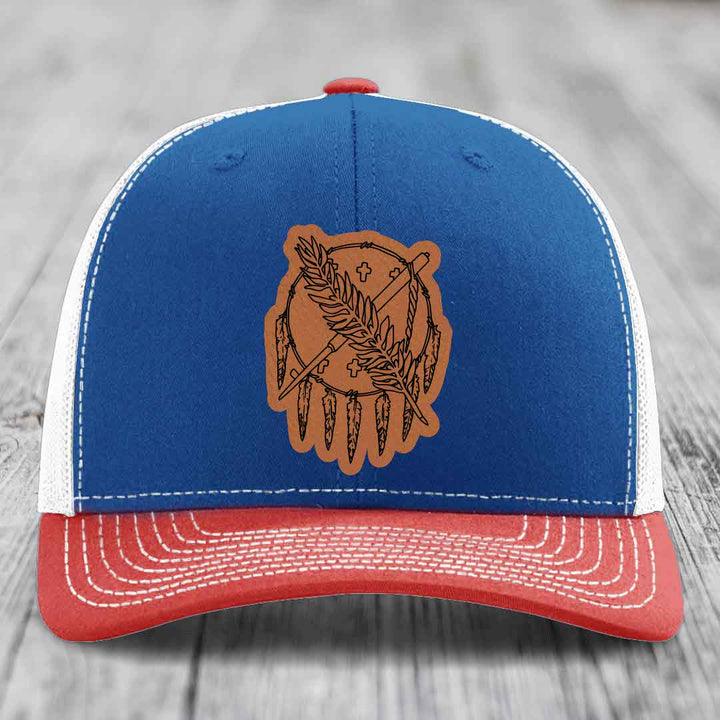 Oklahoma State Flag - Leather Patch Hat - Rawhide to Black Patch - Richardson 112 Snapback Trucker Hat
