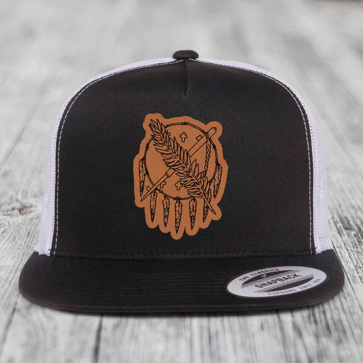 Oklahoma State Flag - Leather Patch Hat - Rawhide to Black Patch - Yupoong 6006 Snapback Flatbill Hat