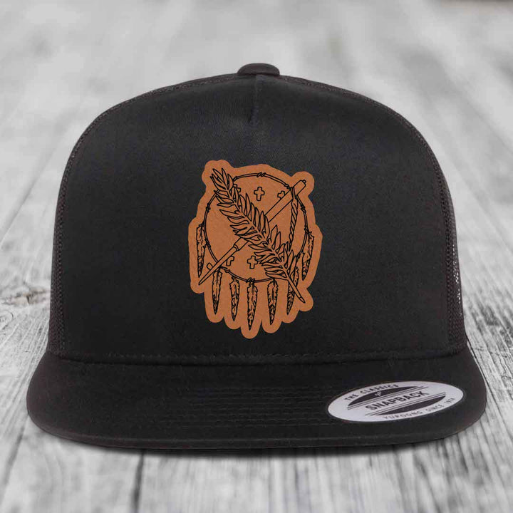 Oklahoma State Flag - Leather Patch Hat - Rawhide to Black Patch - Yupoong 6006 Snapback Flatbill Hat
