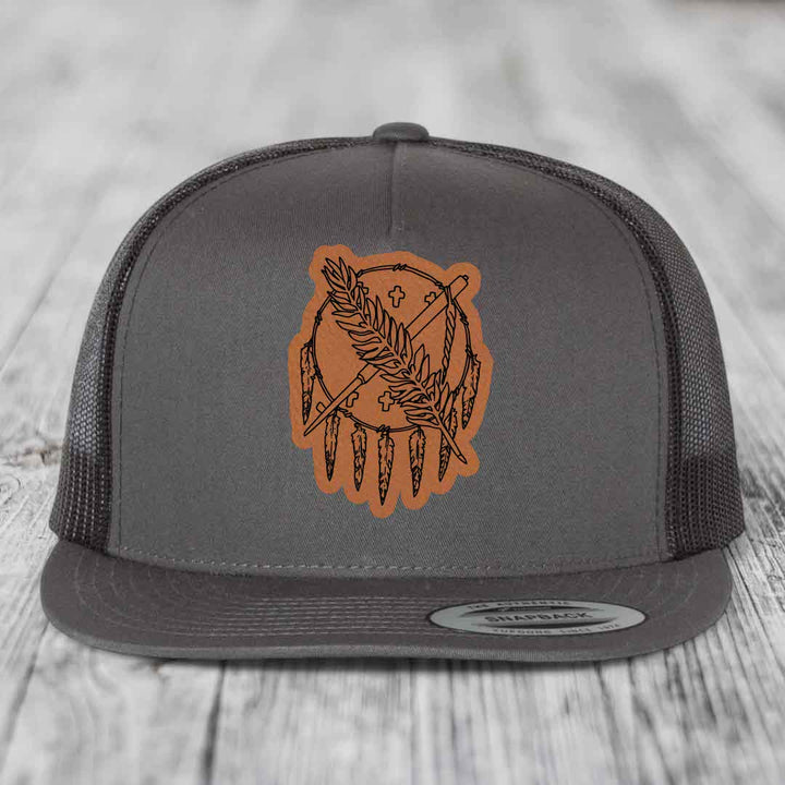 Oklahoma State Flag - Leather Patch Hat - Rawhide to Black Patch - Yupoong 6006 Snapback Flatbill Hat