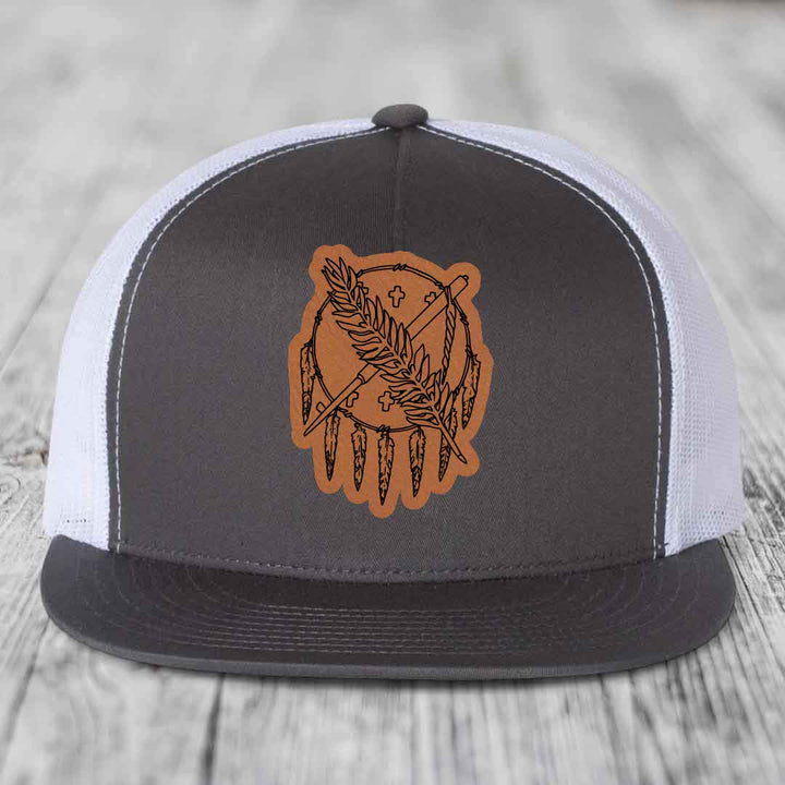 Oklahoma State Flag - Leather Patch Hat - Rawhide to Black Patch - Yupoong 6006 Snapback Flatbill Hat