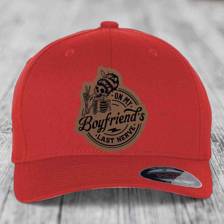 On My Boyfriends Last Nerve - Leather Patch Hat - Dark Brown to Black Patch - Flexfit 6277 Fitted Hat