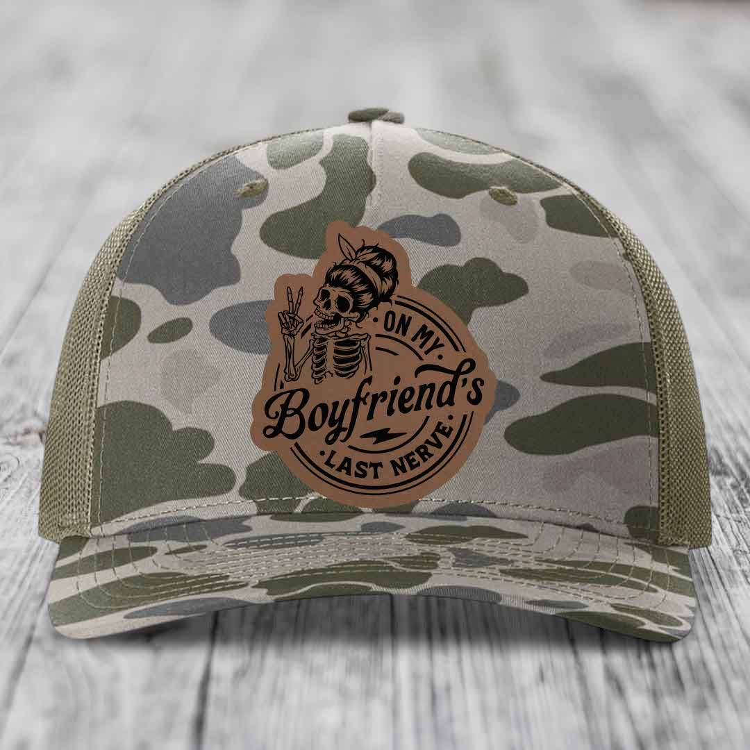 On My Boyfriends Last Nerve - Leather Patch Hat - Dark Brown to Black Patch - Richardson 112PFP Snapback Trucker Hat