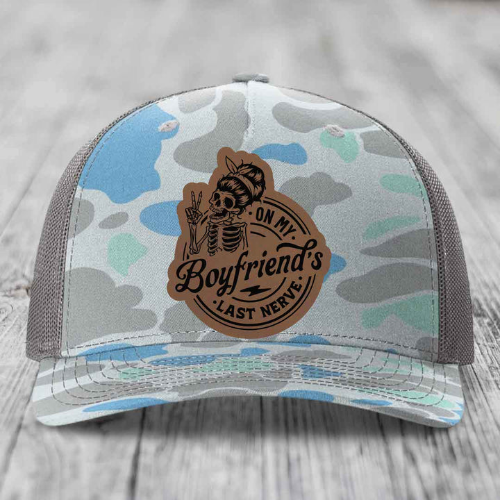On My Boyfriends Last Nerve - Leather Patch Hat - Dark Brown to Black Patch - Richardson 112PFP Snapback Trucker Hat