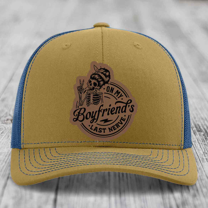 On My Boyfriends Last Nerve - Leather Patch Hat - Dark Brown to Black Patch - Richardson 112 Snapback Trucker Hat