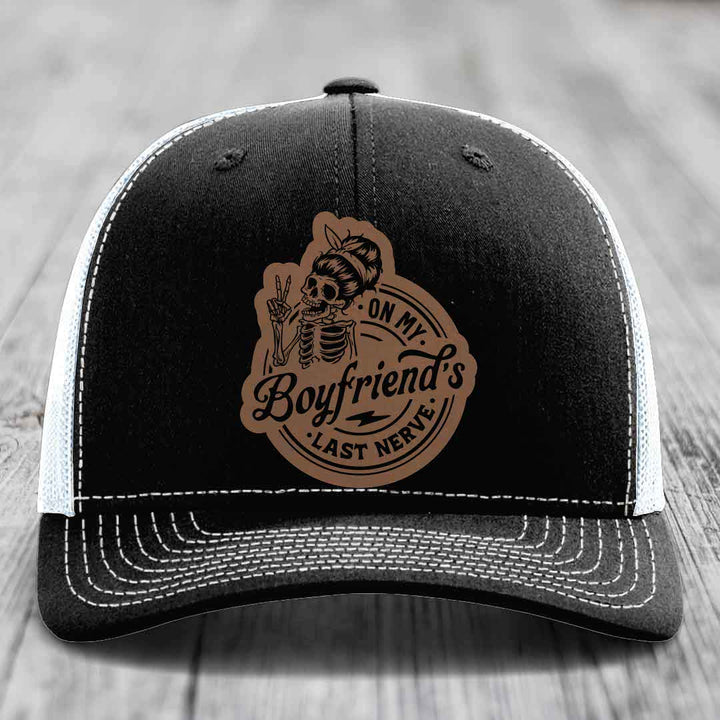 On My Boyfriends Last Nerve - Leather Patch Hat - Dark Brown to Black Patch - Richardson 112 Snapback Trucker Hat