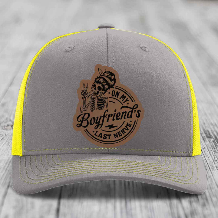 On My Boyfriends Last Nerve - Leather Patch Hat - Dark Brown to Black Patch - Richardson 112 Snapback Trucker Hat