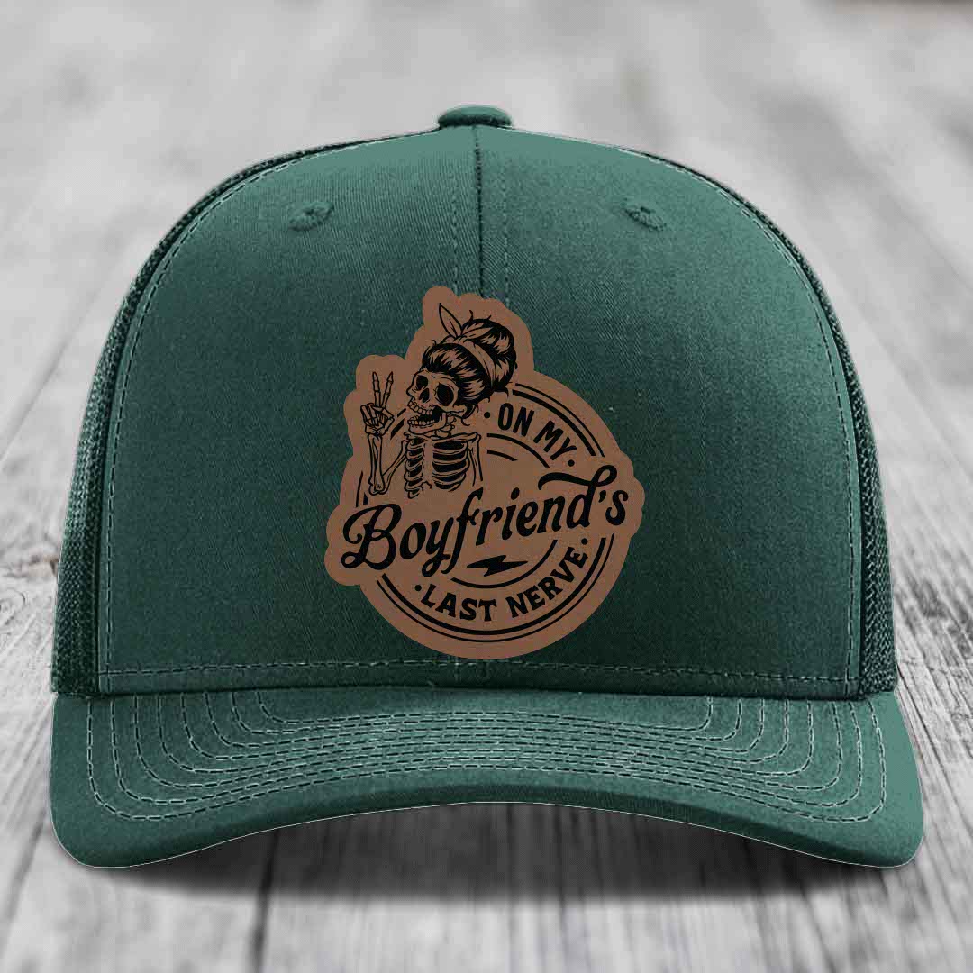 On My Boyfriends Last Nerve - Leather Patch Hat - Dark Brown to Black Patch - Richardson 112 Snapback Trucker Hat
