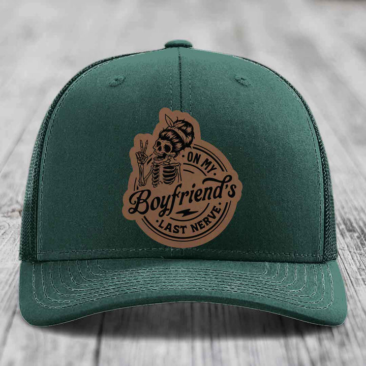 On My Boyfriends Last Nerve - Leather Patch Hat - Dark Brown to Black Patch - Richardson 112 Snapback Trucker Hat