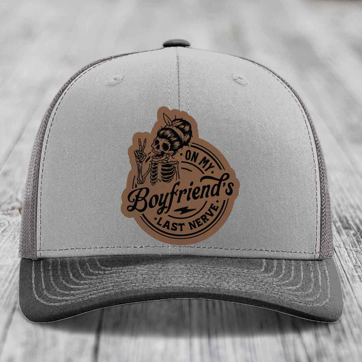 On My Boyfriends Last Nerve - Leather Patch Hat - Dark Brown to Black Patch - Richardson 112 Snapback Trucker Hat