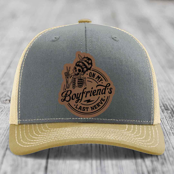 On My Boyfriends Last Nerve - Leather Patch Hat - Dark Brown to Black Patch - Richardson 112 Snapback Trucker Hat