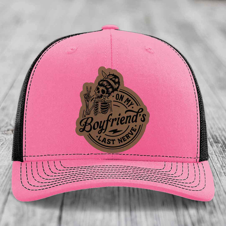 On My Boyfriends Last Nerve - Leather Patch Hat - Dark Brown to Black Patch - Richardson 112 Snapback Trucker Hat