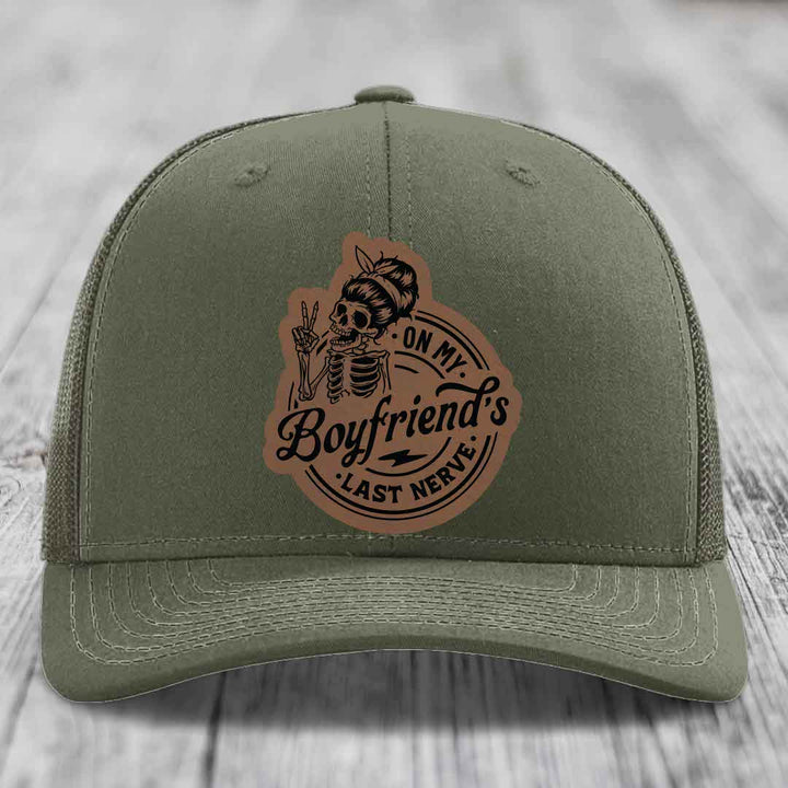 On My Boyfriends Last Nerve - Leather Patch Hat - Dark Brown to Black Patch - Richardson 112 Snapback Trucker Hat