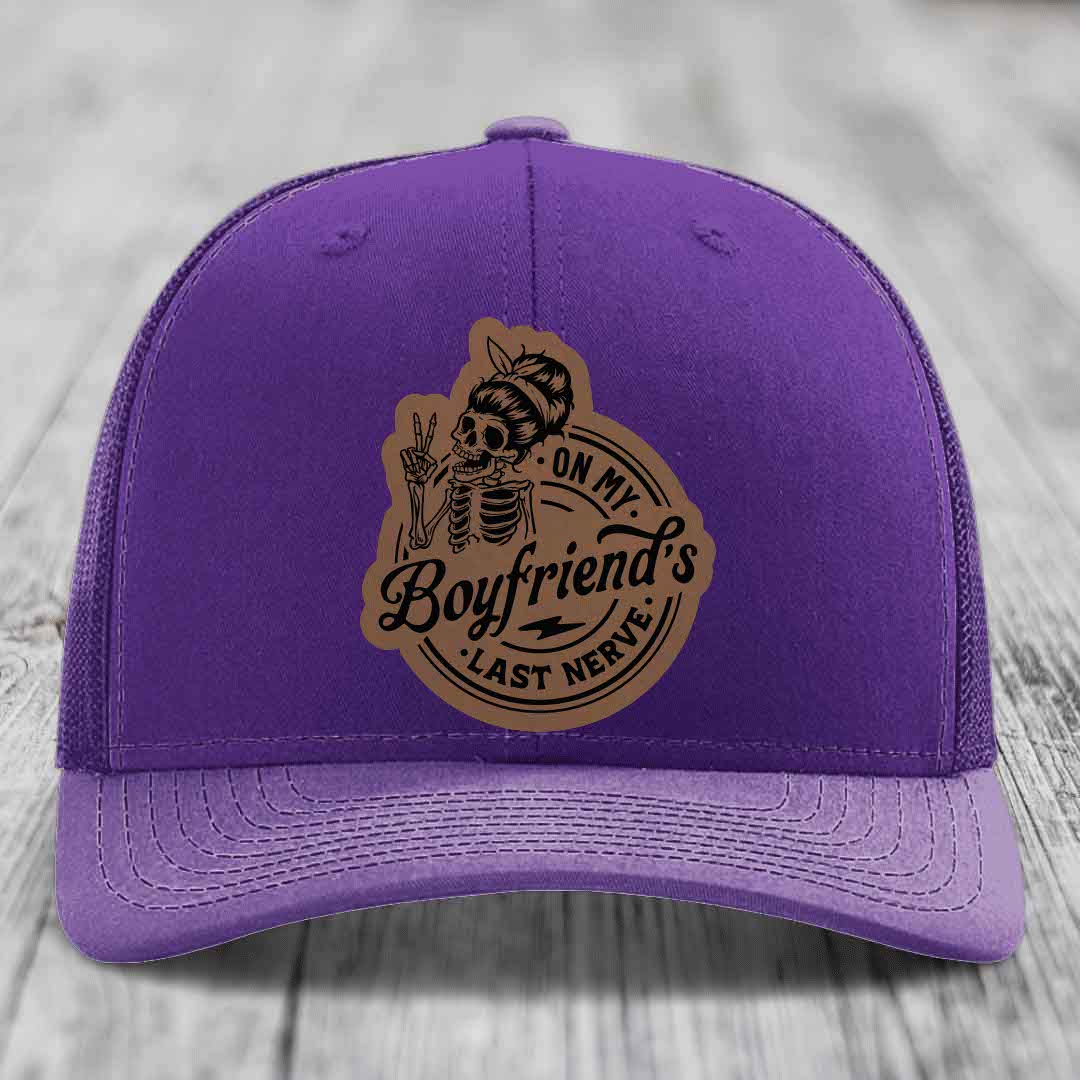 On My Boyfriends Last Nerve - Leather Patch Hat - Dark Brown to Black Patch - Richardson 112 Snapback Trucker Hat