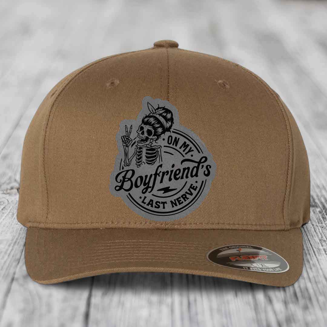 On My Boyfriends Last Nerve - Leather Patch Hat - Grey to Black Patch - Flexfit 6277 Fitted Hat