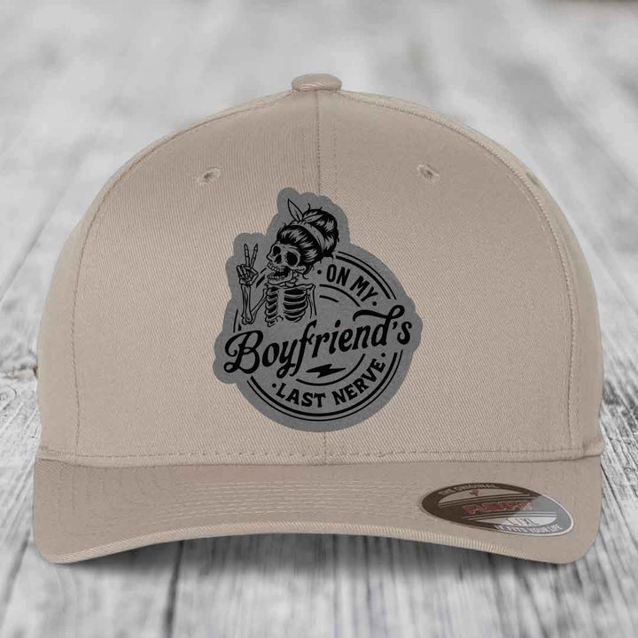 On My Boyfriends Last Nerve - Leather Patch Hat - Grey to Black Patch - Flexfit 6277 Fitted Hat