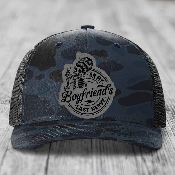 On My Boyfriends Last Nerve - Leather Patch Hat - Grey to Black Patch - Richardson 112PFP Snapback Trucker Hat