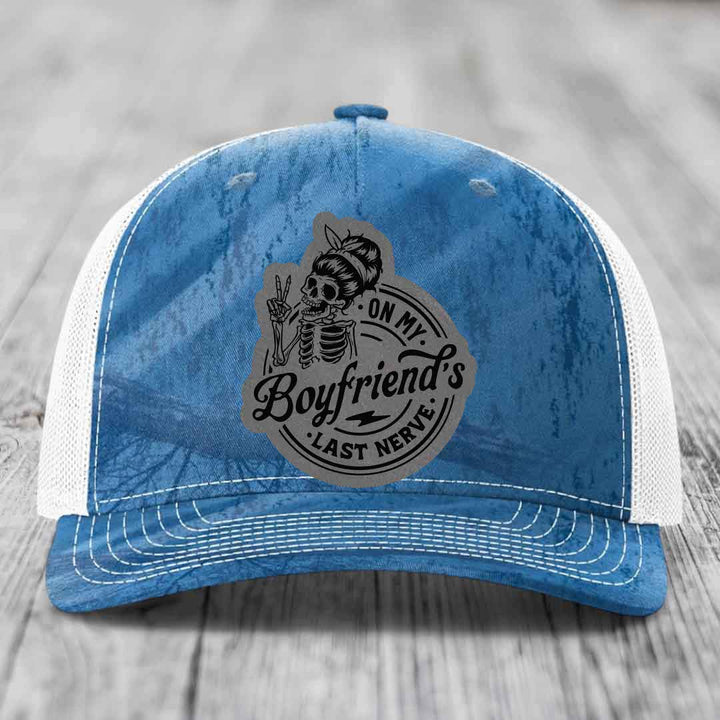 On My Boyfriends Last Nerve - Leather Patch Hat - Grey to Black Patch - Richardson 112PFP Snapback Trucker Hat