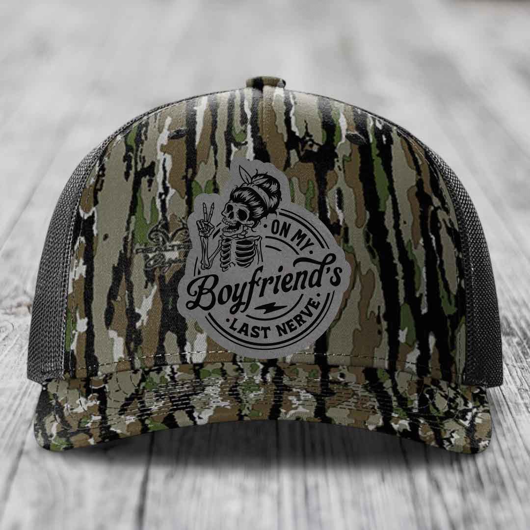 On My Boyfriends Last Nerve - Leather Patch Hat - Grey to Black Patch - Richardson 112PFP Snapback Trucker Hat