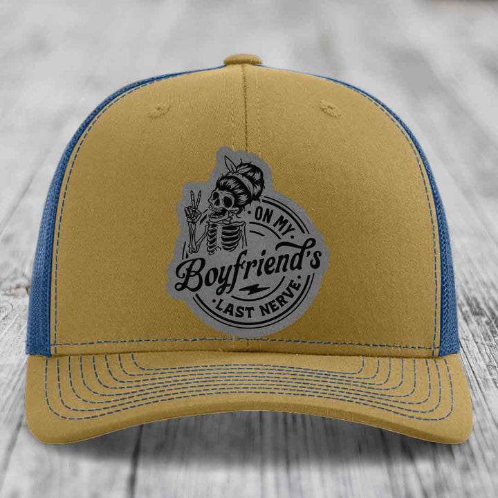 On My Boyfriends Last Nerve - Leather Patch Hat - Grey to Black Patch - Richardson 112 Snapback Trucker Hat