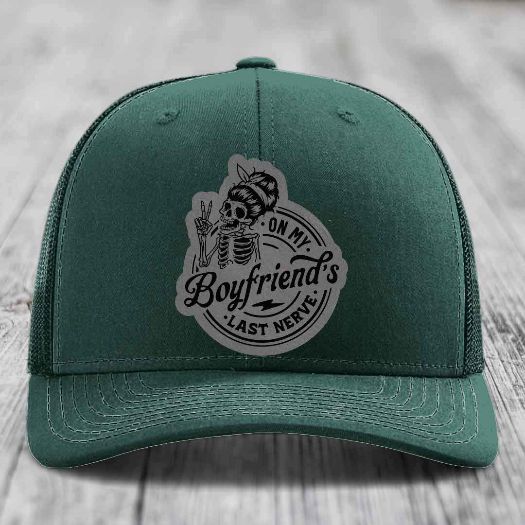 On My Boyfriends Last Nerve - Leather Patch Hat - Grey to Black Patch - Richardson 112 Snapback Trucker Hat