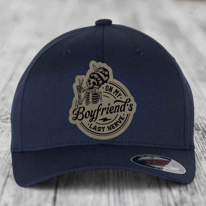 On My Boyfriends Last Nerve - Leather Patch Hat - Light Brown to Black Patch - Flexfit 6277 Fitted Hat