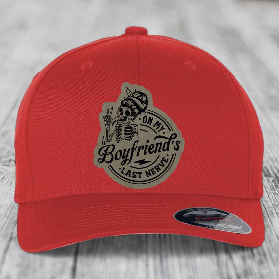 On My Boyfriends Last Nerve - Leather Patch Hat - Light Brown to Black Patch - Flexfit 6277 Fitted Hat
