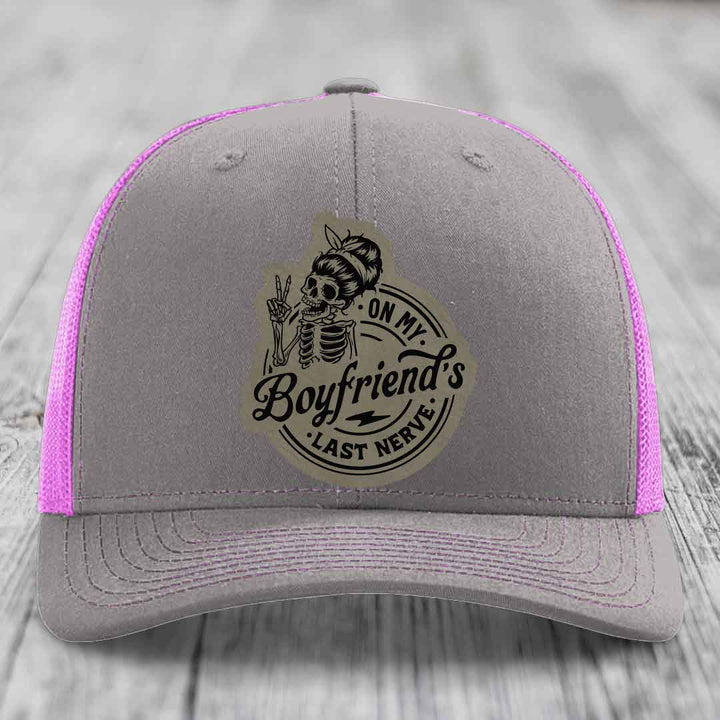 On My Boyfriends Last Nerve - Leather Patch Hat - Light Brown to Black Patch - Richardson 112 Snapback Trucker Hat