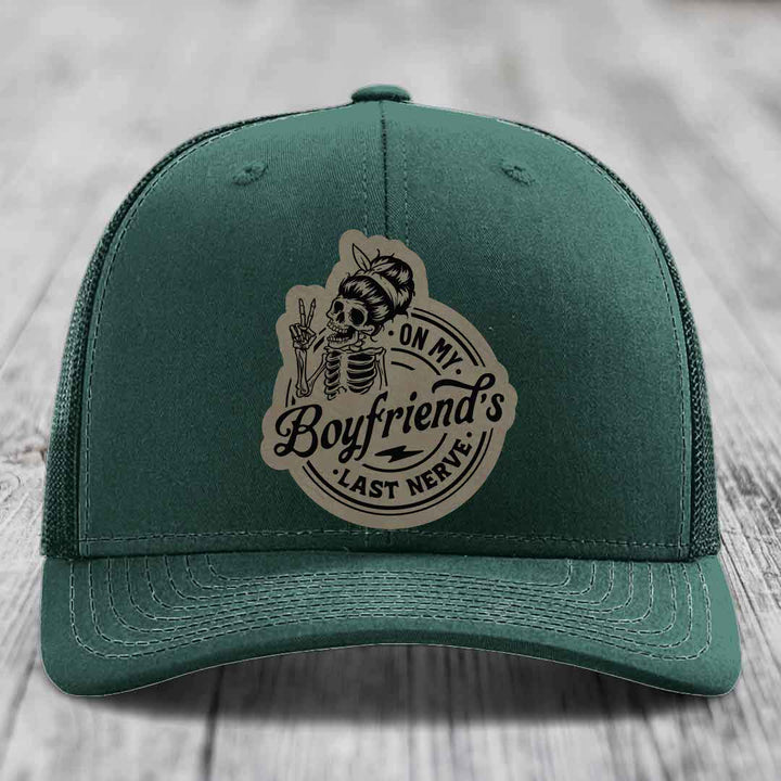On My Boyfriends Last Nerve - Leather Patch Hat - Light Brown to Black Patch - Richardson 112 Snapback Trucker Hat